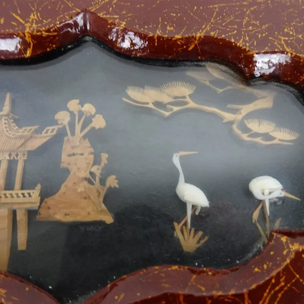 Vintage Asian Jewelry Box Lacquered Carved Diorama Art Inset Pagoda Lined